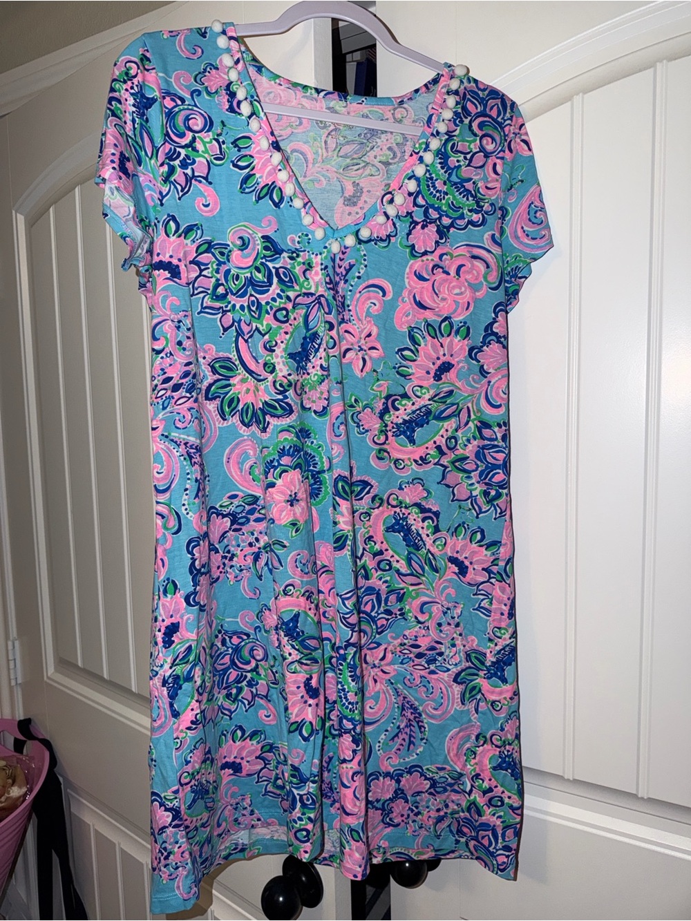 Lilly Pulitzer Etta V-Neck T-Shirt Dress Blue Horizon Jungle Sunrise Size L